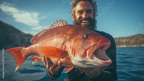 Sport fishing at sea's depths from a yacht. A joyful male fisherman clutching a larger, grenadier fish .