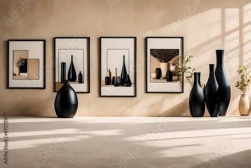 Beige Wall Backdrop for Black Decorative Vases on Wooden Cabinet