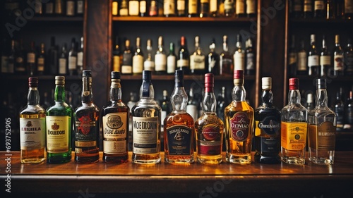 Several alcoholic beverages on display in a bar.