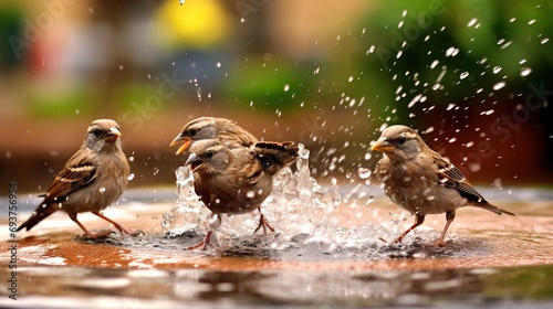 sparrows splashing in a puddle of water in the rain
