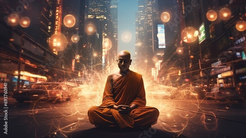 enlightenment concept with Buddhist monk meditating on busy street
