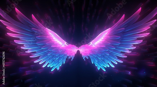 vibrant neon angel wings on uv geometric background - cyberspace futuristic concept in pink and blue lights