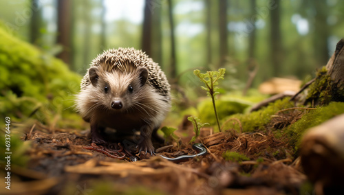 Wild Hedgehog Erinaceus Europaeus Eats Worm and Snake in Green Forest, on Moss-covered Ground Horizontal. Copy Space for Copy. Animal Wildlife. AI Generated.