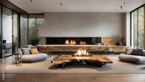 Live edge accent coffee table between two sofas by fireplace, Scandinavian home interior design of modern living room in house in forest 
