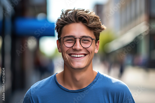 man with glasses on a blue background smiling at the camera
