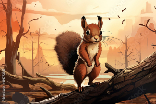 Illustration of a squirrel in the forest at sunset with trees in the background. 