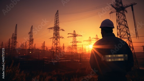 Silhouette engineer standing orders for construction crews to work on construction of the extension of high - voltage towers. Generative AI.