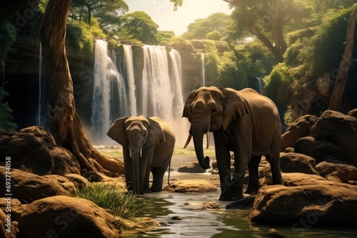 Elephants standing at a waterfall. Generative AI.