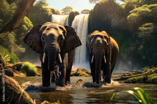 Elephants standing at a waterfall. Generative AI.