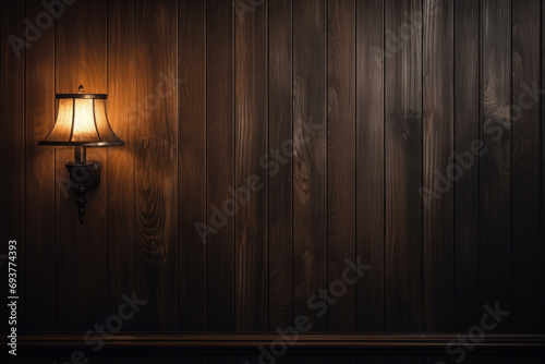 Close up of dark interior half wall wood paneling with lamp, surface material texture