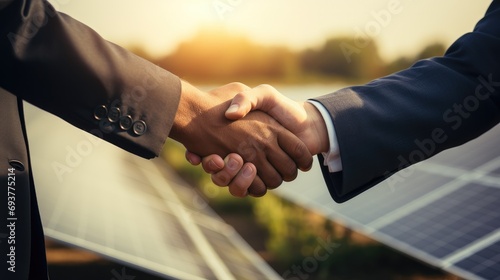 Close up of two businessmen shaking hands with a field of solar panels behind them. Generative AI.