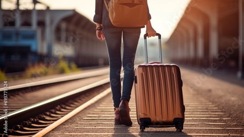 "Mujer con mochila y maleta caminando por la estación de tren durante un hermoso atardecer