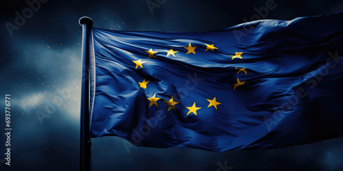 EU Flag Waving Against Dark Sky