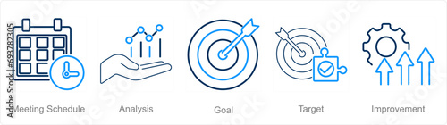 A set of 5 Action plan icons as meeting schedule, analysis, goal