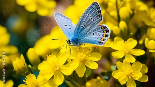  vibrant blue butterfly (lycaenidae) close-up on yellow wildflower in natural setting