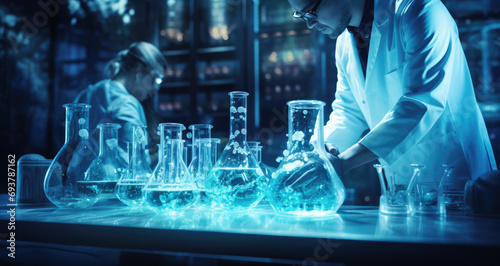 group of scientists working in lab on blue flasks