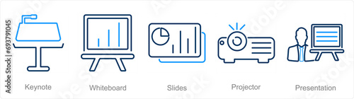 A set of 5 Business Presentation icons as keynote, white board, slides