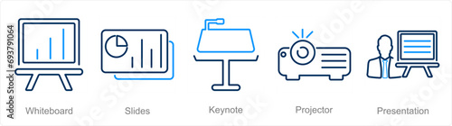 A set of 5 Business Presentation icons as white board, slides, keynote