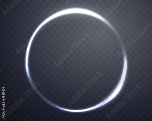 Silver magic ring with glowing. Neon realistic energy flare halo ring. Abstract light effect on a dark transparent background. Vector illustration.