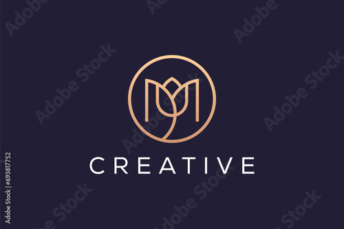Letter M Lotus Flower circle Logo Design Vector