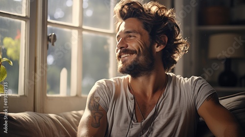 Joyful man with tattoos sitting by the window, sun streaming in, a moment of happiness and contentment captured in a cozy, sunlit room.
