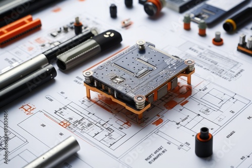 Electronic circuit board with capacitors and other components placed on a detailed schematic diagram. 