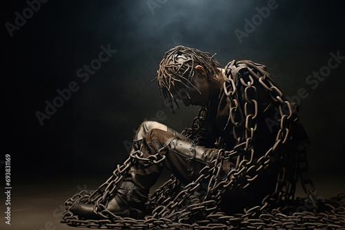 male figure bound by heavy chains, sitting in a crouched position. Entrapment or the weight of psychological burdens.