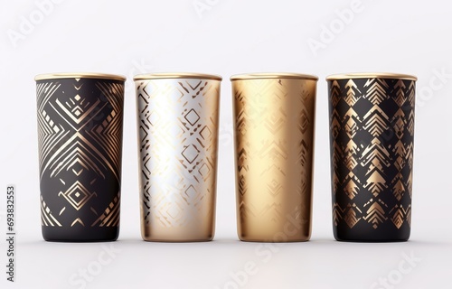 Mock up Realistic Metallic Tumbler Packaging with ethnic pattern on White Background. Food and Drink Concept Product