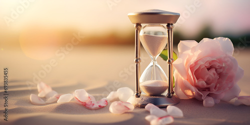 hourglass on the sand, Vintage Hourglass With Rose, Hourglass on pink background
