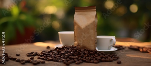 Unbranded coffee powder packaging cardboard and coffee beans on table, blur coffee garden background