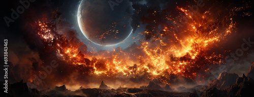 A fire ball of burning planet with volcano type bright illuminated surface and cosmic rays coming out and dark background 