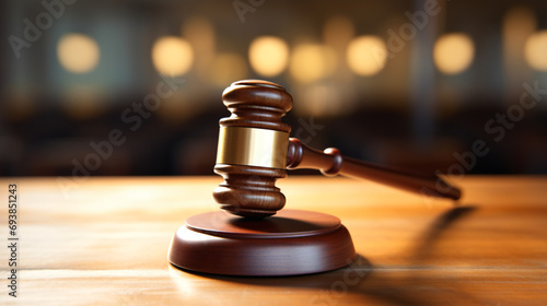 Wooden gavel on wooden table on background