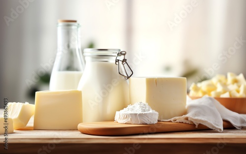 a group of milk and butter on a wooden board