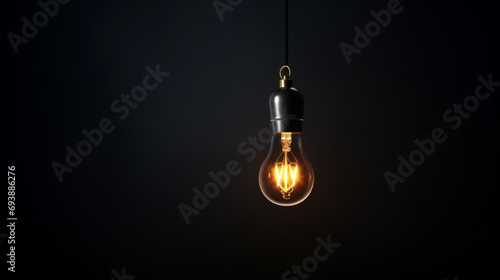 Ampoule faiblement éclairée dans une pièce sombre, fond noir. Lumière, électricité. Pour conception et création graphique.