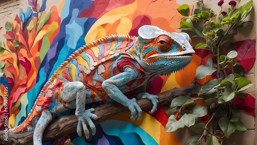 A chameleon blending into a multicolored mural, symbolizing adaptability and evolving identity. Generative AI