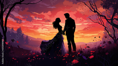 Silhouettes of a couple in love against the sunset sky illustration