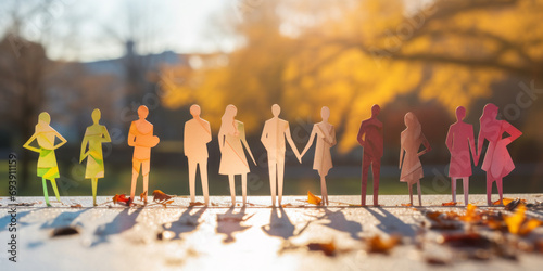 Multicolored paper people figures in sunlight. Diversity, equality concept