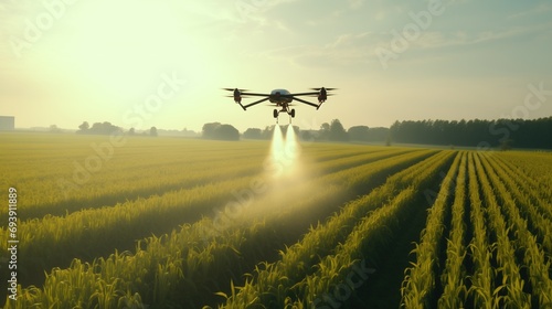 A drone spraying water on a field, ensuring optimal hydration for crops and conserving water resources. Embracing technology for efficient irrigation.