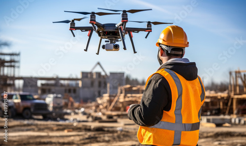 Engineer Inspects Construction Site with Drone