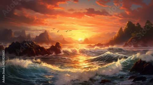 A majestic and rugged coastal scene, where waves crash against weathered cliffs, sending plumes of spray into the air, under a dramatic sky ablaze with sunset colors.