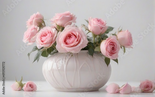 Florero color blanco con rosas rosas sobre fondo blanco 