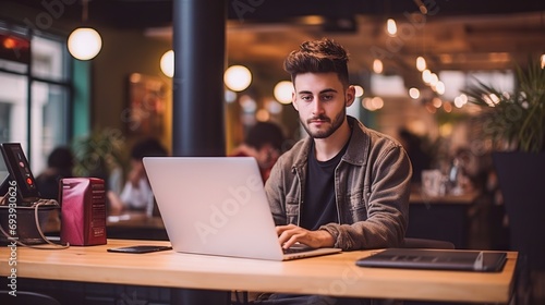 Young male freelancer or student smiling and working on laptop at a cozy cafe table