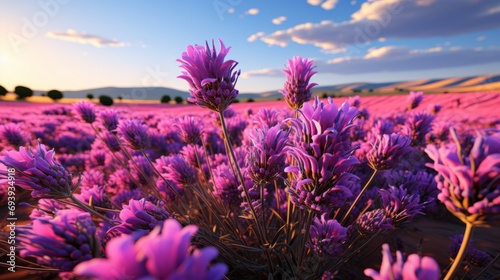 As the sun sets over the sprawling landscape, a vibrant field of lavender forb and violet flowers creates a serene outdoor scene under the pastel sky