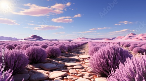 A serene journey through a sea of lavender fields, under a purple sky with scattered clouds, surrounded by the beauty of nature and the rugged landscape of mountains, deserts, plants, and rocks