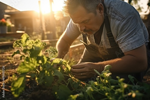 A man in an apron taking care of plants. Perfect for gardening or horticulture-related projects