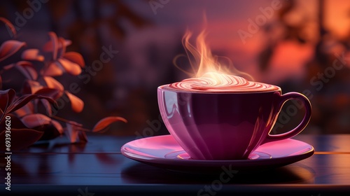 A warm and cozy morning scene, a cup of coffee rests on a porcelain saucer atop a crackling fire, inviting a peaceful moment indoors