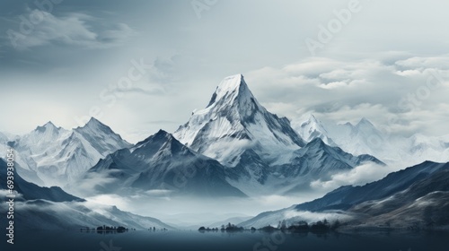 A breathtaking vista of a rugged landscape, adorned with snow-capped peaks and shrouded in a mysterious fog, as a tranquil lake reflects the serene sky above the majestic mountain range of araate