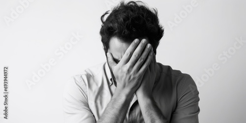 A man with his face hidden behind his hands. Can be used to depict emotions such as sadness, despair, frustration, or stress. Suitable for illustrating mental health, anxiety, or personal struggles