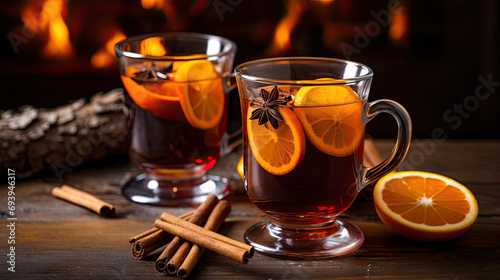Fragrant warming mulled wine in glasses with cinnamon, orange slice and spices on a wooden table against the background of a fire in the fireplace.