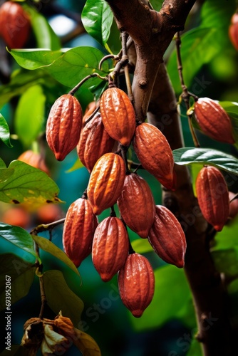 Cocoa fruit growing on a cocoa tree